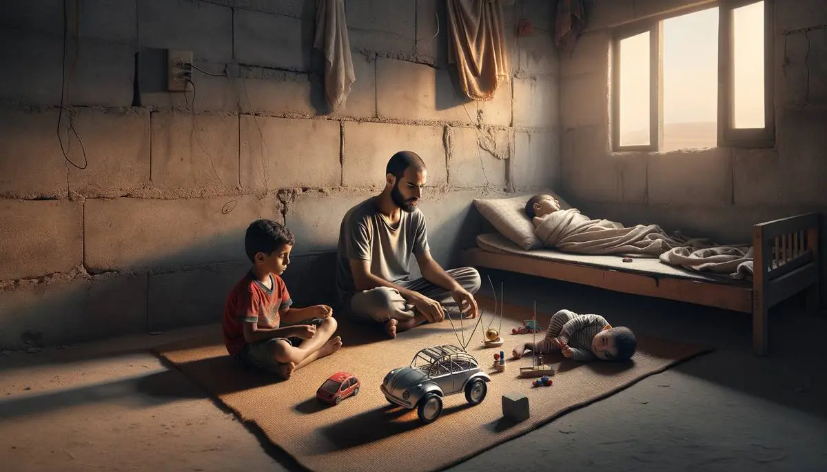 Palestinian father Mohammed Al-Shanti with his son Ibrahim and infant daughter in Northern Gaza, 2026