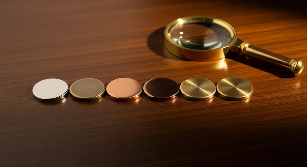 A row of blank metal coin-like discs on a dark table with a magnifying glass, symbolic of comparing options
