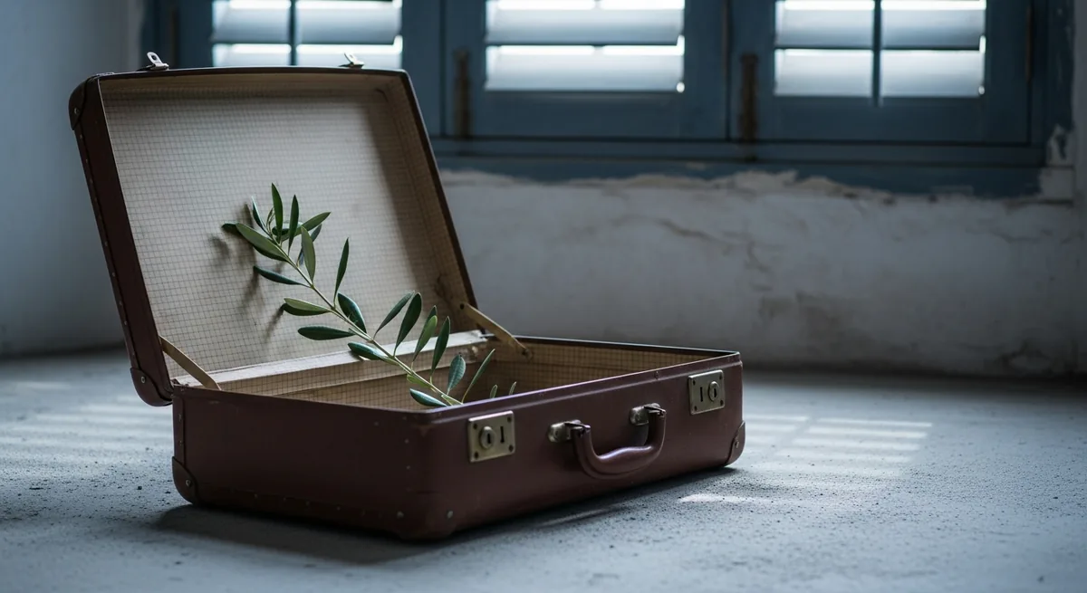 An open, empty suitcase on a dusty floor with a single olive branch laid across it