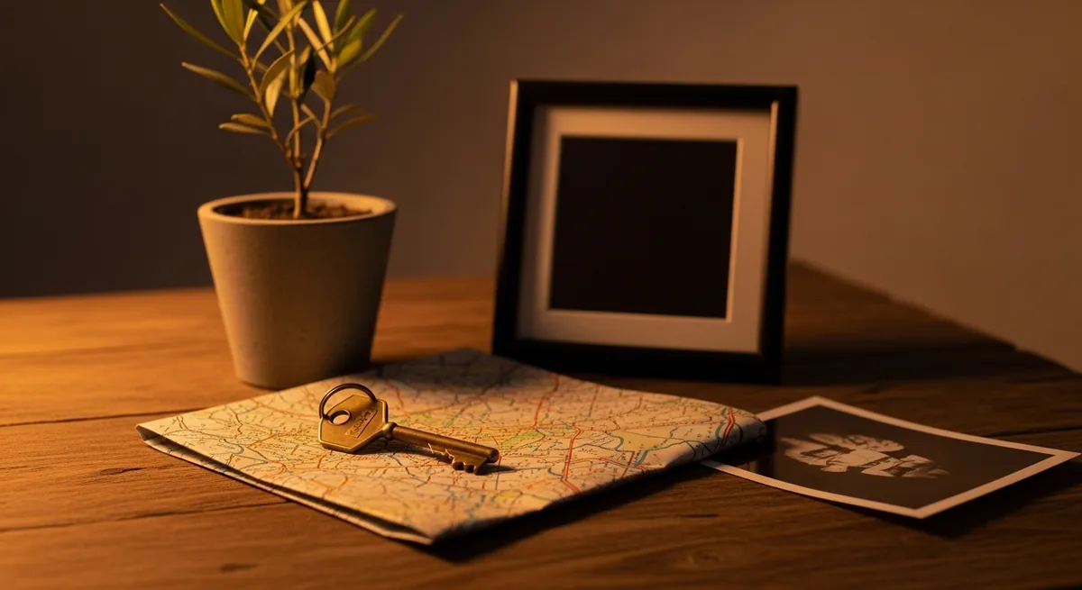 A house key resting on a folded map beside a small potted olive seedling and a face-down family photo in warm evening light