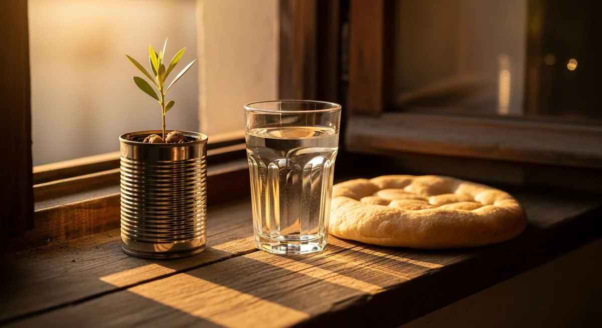 A glass of clean water, fresh flatbread, and a small olive seedling on a sunlit windowsill