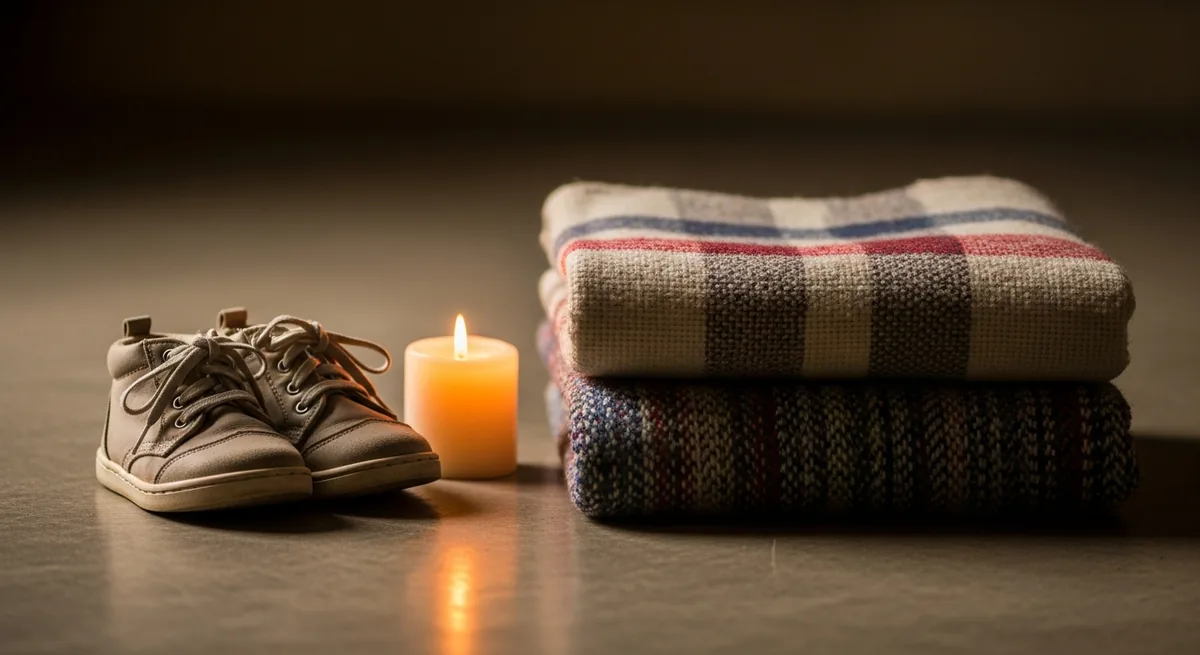 A pair of small children's shoes and a folded blanket beside a softly glowing candle on a concrete floor