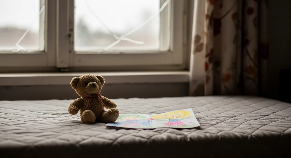 A worn teddy bear and a child's colorful crayon drawing on a thin mattress beside a cracked window in soft morning light