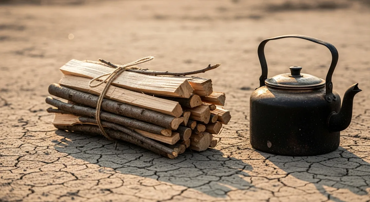 A bundle of split firewood tied with twine next to a soot blackened kettle on dry ground