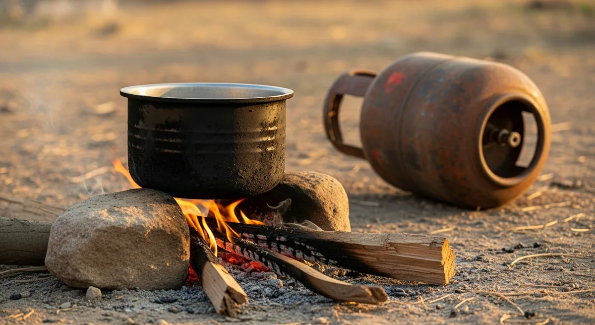 A small wood fire burning under a blackened pot on stones beside an empty rusted gas cylinder