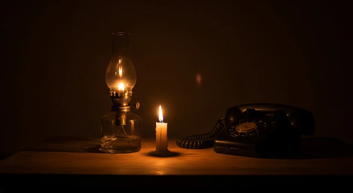 An oil lamp and a lit candle glowing on a table beside a switched-off phone in a dark room