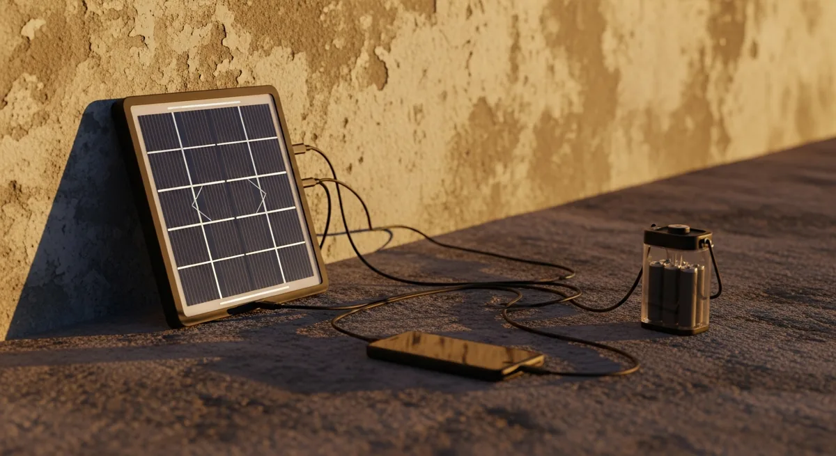 A small portable solar panel charging a phone and a battery lantern against a concrete wall at dusk
