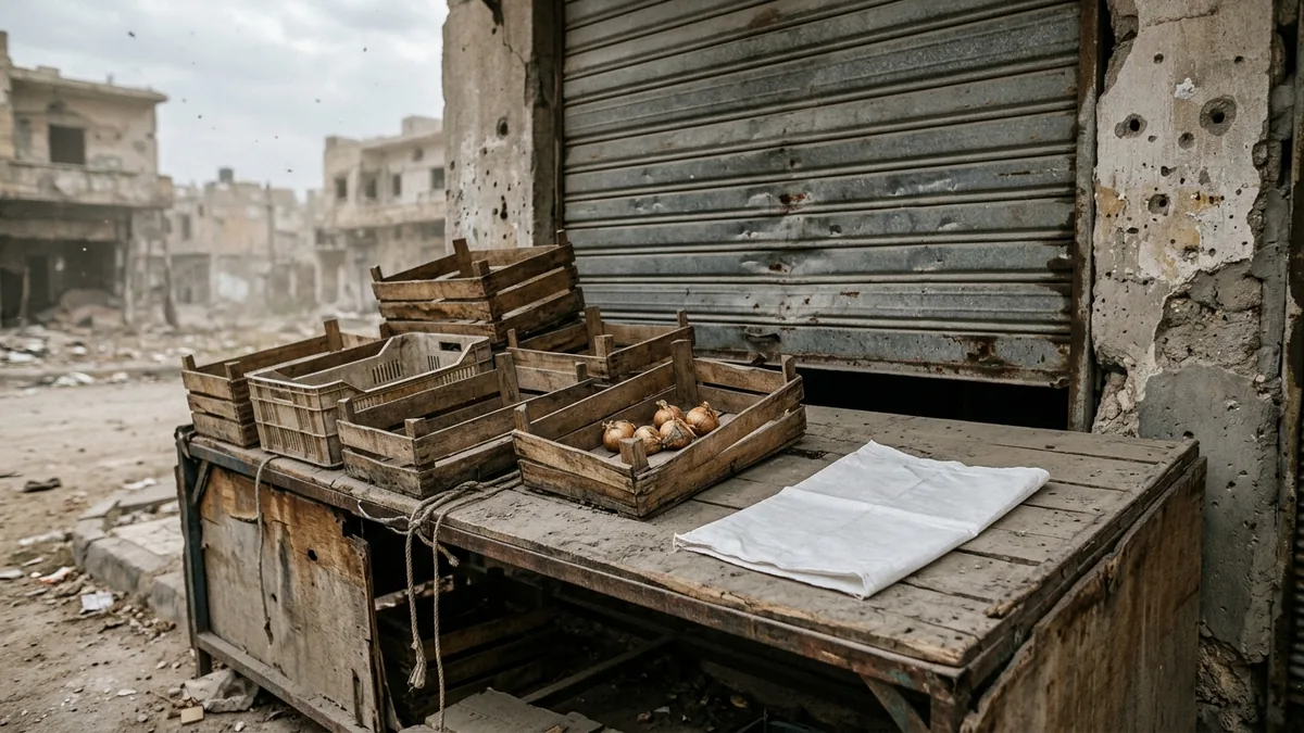 Empty wooden market crates with a few small onions, a folded empty flour sack on the counter and a closed metal shutter behind, in a damaged street