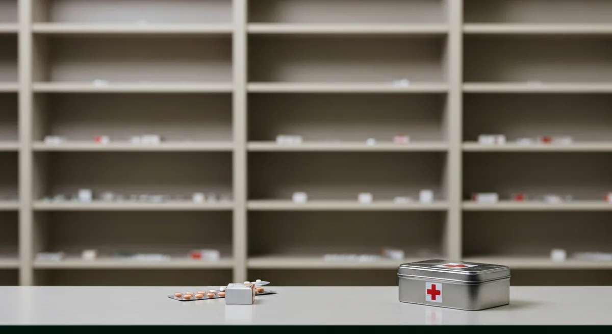 Nearly empty pharmacy shelves with only a few scattered boxes and a closed first-aid tin