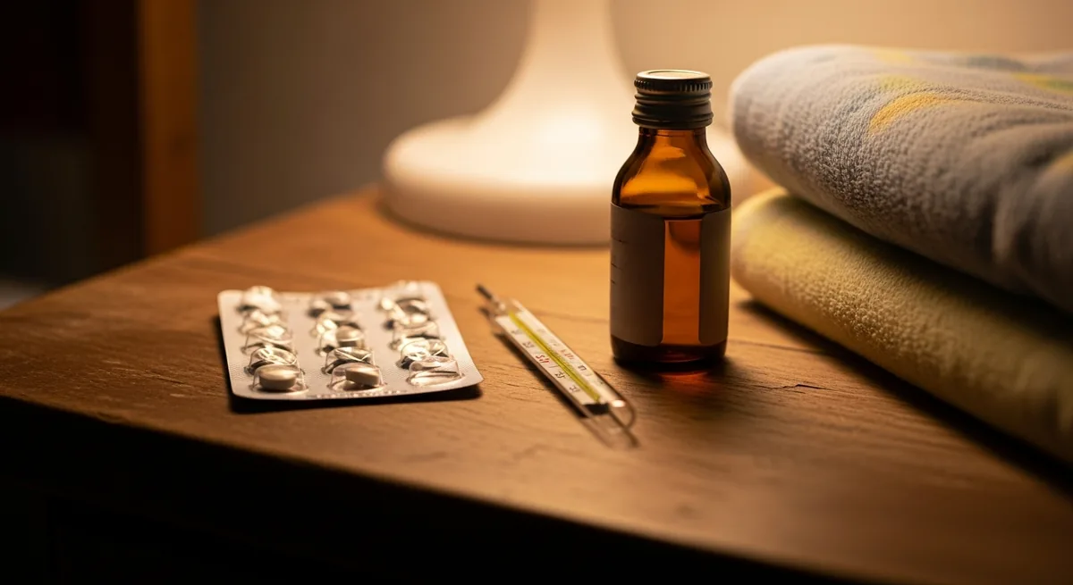 A half-empty medicine blister pack, a glass thermometer and a small bottle of children's syrup on a nightstand by warm lamplight