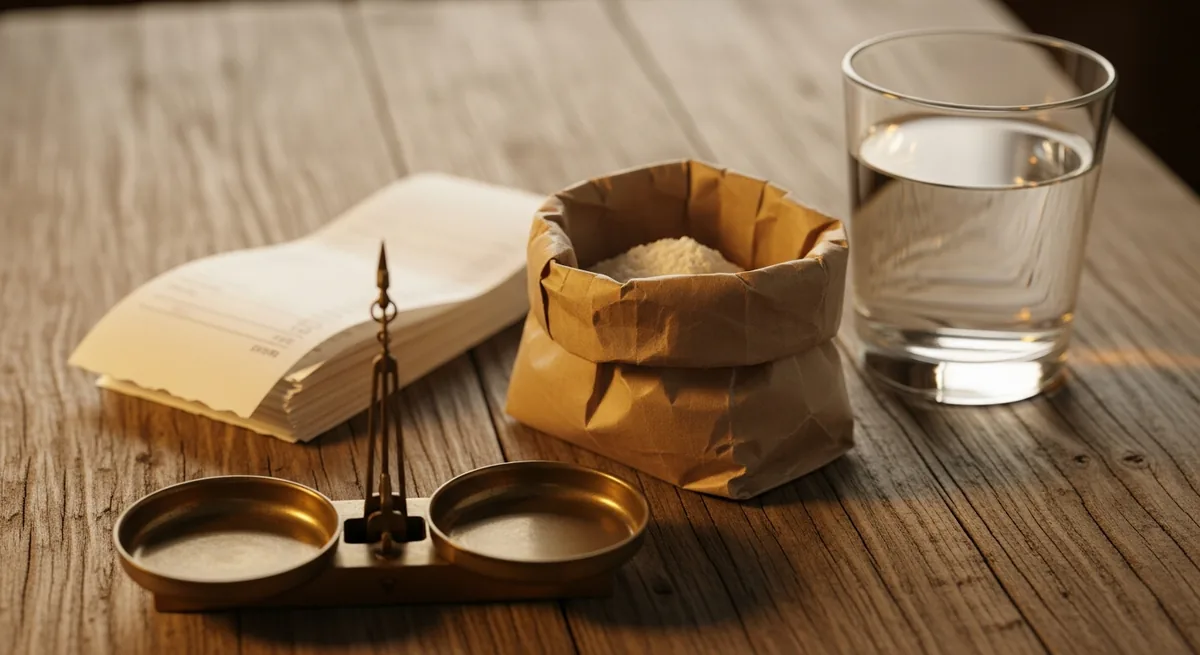 Balance scale, flour, water and receipts on a wooden table