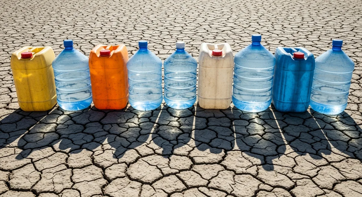 A row of empty and half full plastic water containers on cracked dry ground under bright sun