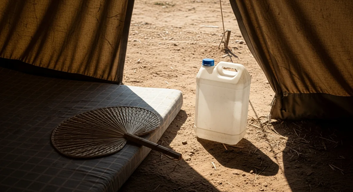 Harsh sunlight through a worn canvas tent onto a thin mattress, an empty water jug and a hand fan on the ground