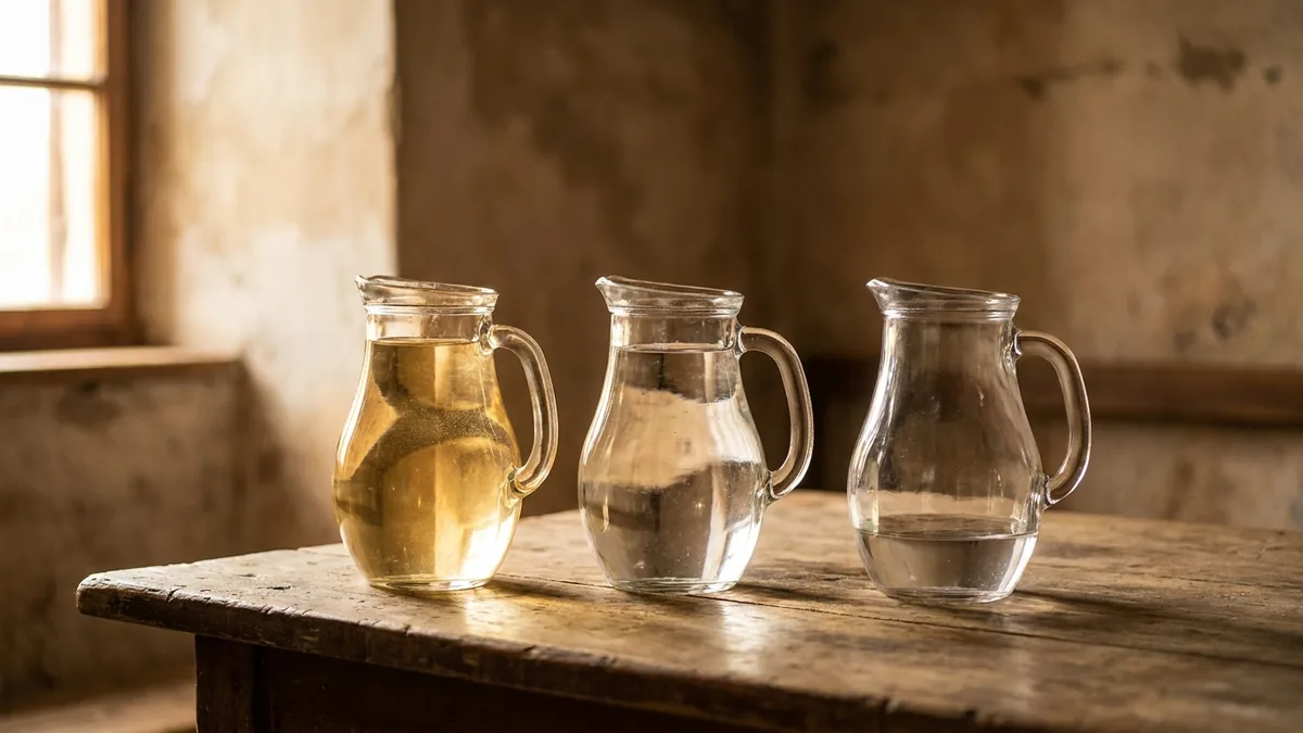 Three glass jugs on a weathered wooden table, the first two full of water and the third almost empty