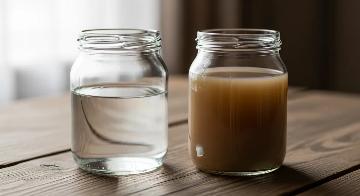Two glass jars side by side, one of clear clean water and one of cloudy brown contaminated water