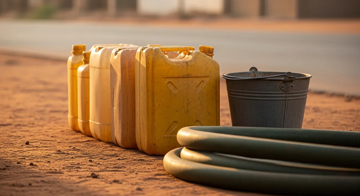 Empty yellow plastic jerrycans and a metal bucket waiting beside a water-truck hose on a dusty Gaza street