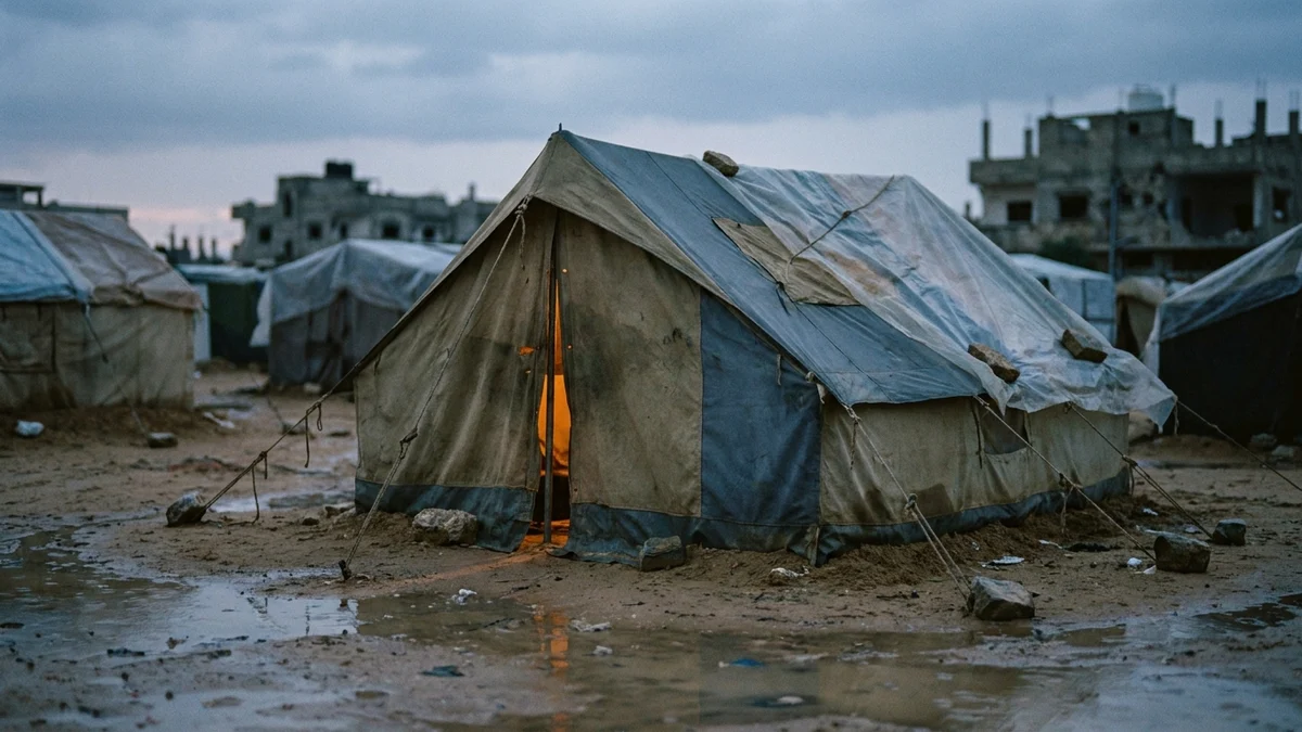 A worn canvas tent patched with plastic sheeting on wet ground at dusk, with other tents and damaged buildings behind it