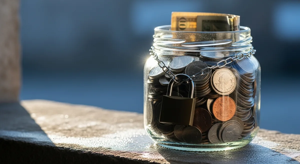 A glass jar of coins wrapped with a chain and padlock on a cold windowsill, symbolic of frozen funds