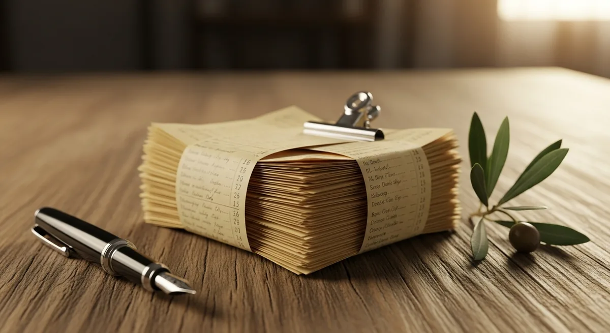 A fan of dated handwritten receipts held by a binder clip beside a pen and an olive sprig