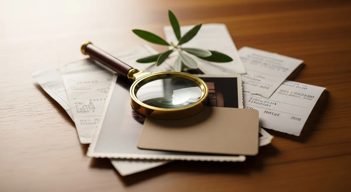 A magnifying glass resting on photographs, an ID card and dated receipts beside an olive sprig