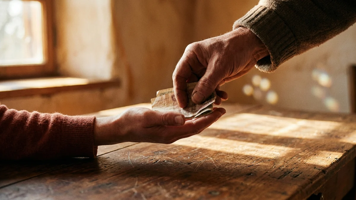 Two hands meeting over a weathered wooden table in warm morning light, one placing folded banknotes into an open waiting palm