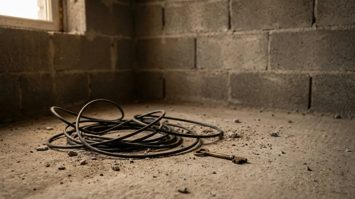 The corner of an unfinished room, bare grey block wall and concrete floor, with a coil of cable and an old key lying in the dust