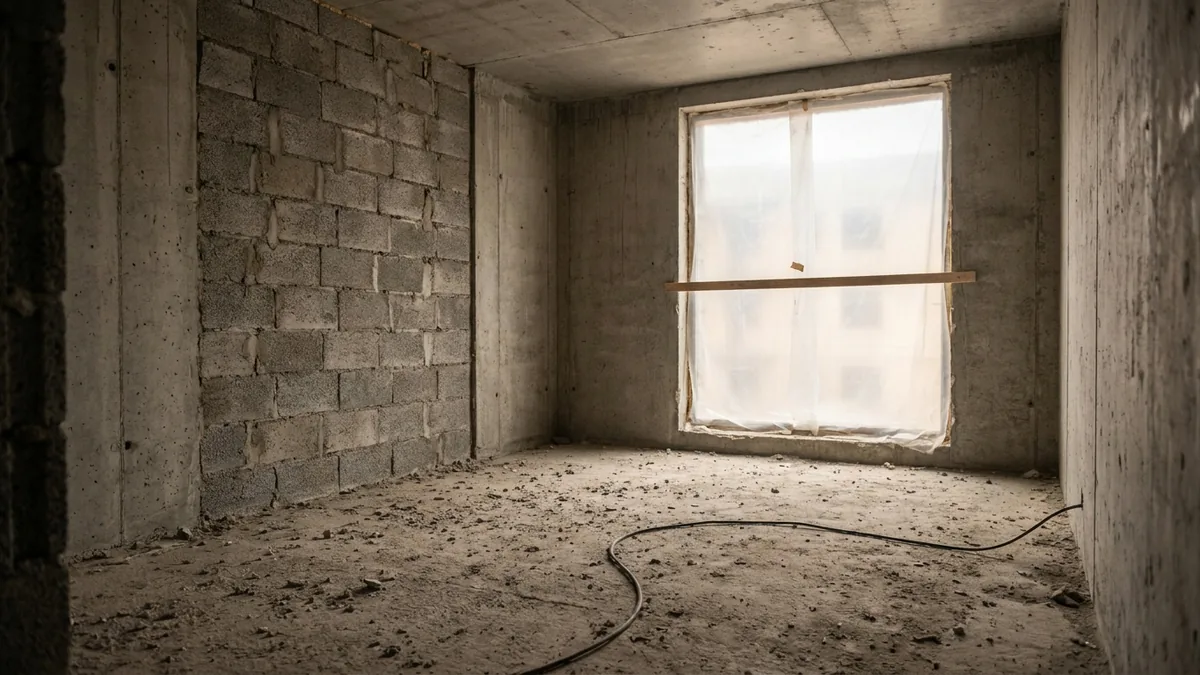 An empty unfinished room with bare concrete and block walls, a plastic sheet over the window opening and a loose cable on the dusty floor