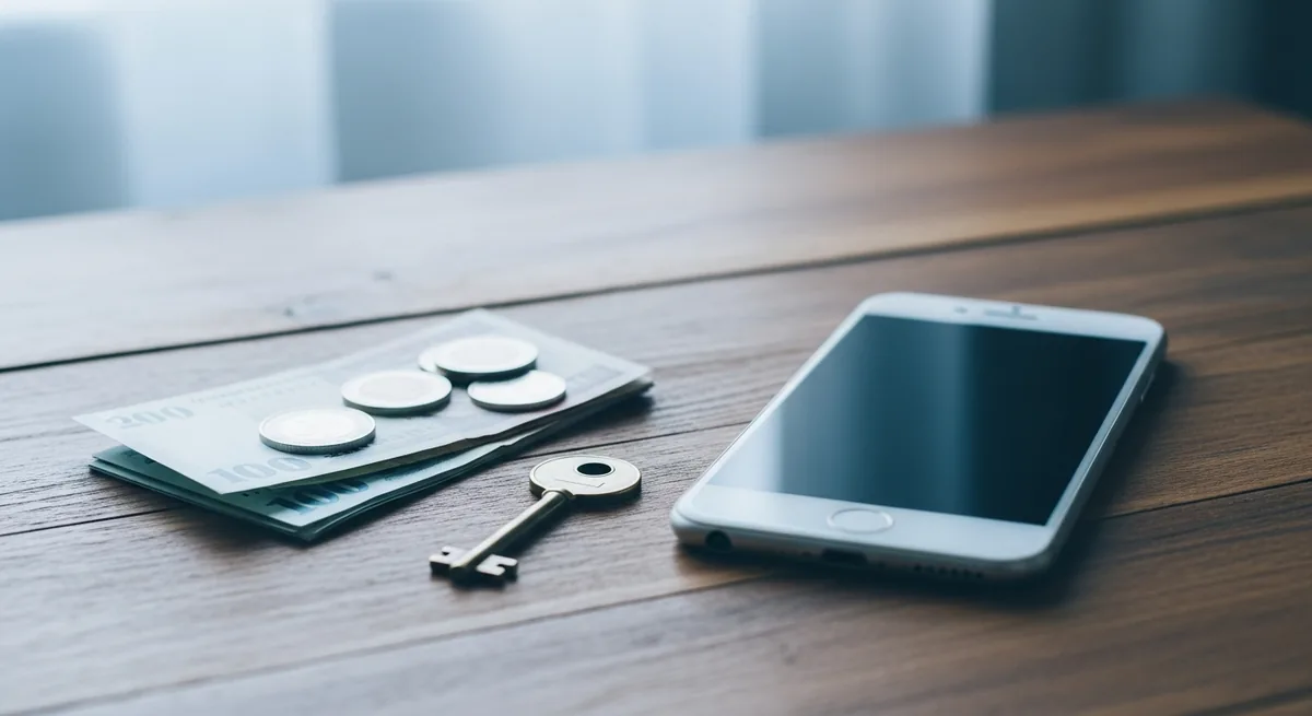 A smartphone with a blank screen beside a folded banknote, coins and a house key on a wooden table