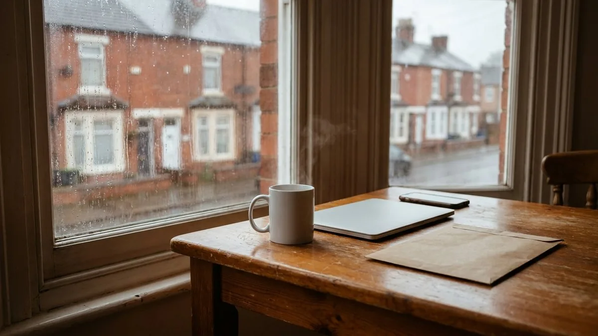 A mug of tea, a closed laptop and a phone on a wooden kitchen table by a rainy window, with red brick terraced houses outside