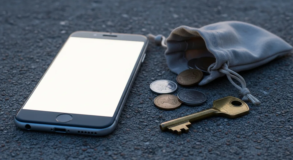 A smartphone lying on concrete beside a small pouch of coins and a house key