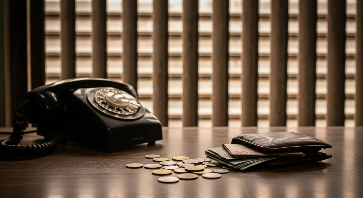 A worn wallet, paper money, and an old telephone on a counter behind a closed metal shutter